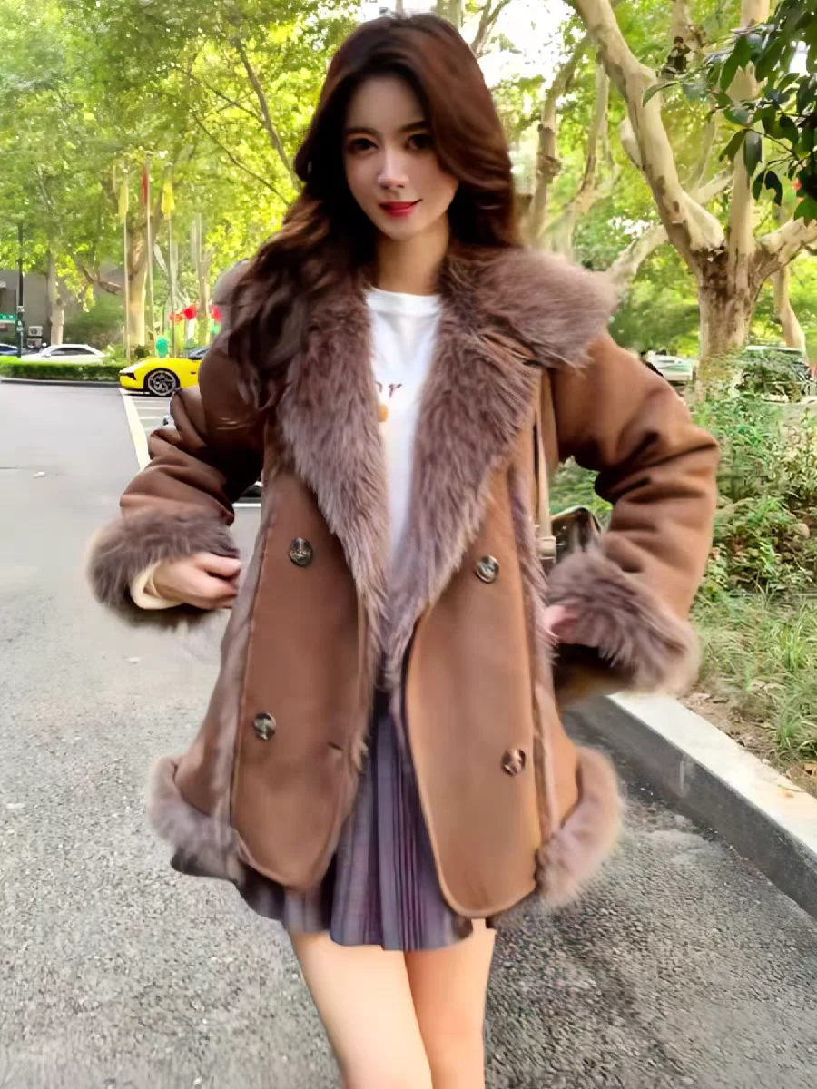 Kurtka ze sztucznego futra damska płaszcze damskie golfowy krój luźny fitness mama retro moda detal brzegowy miękka odzież wierzchnia z podszewką bawełnianą