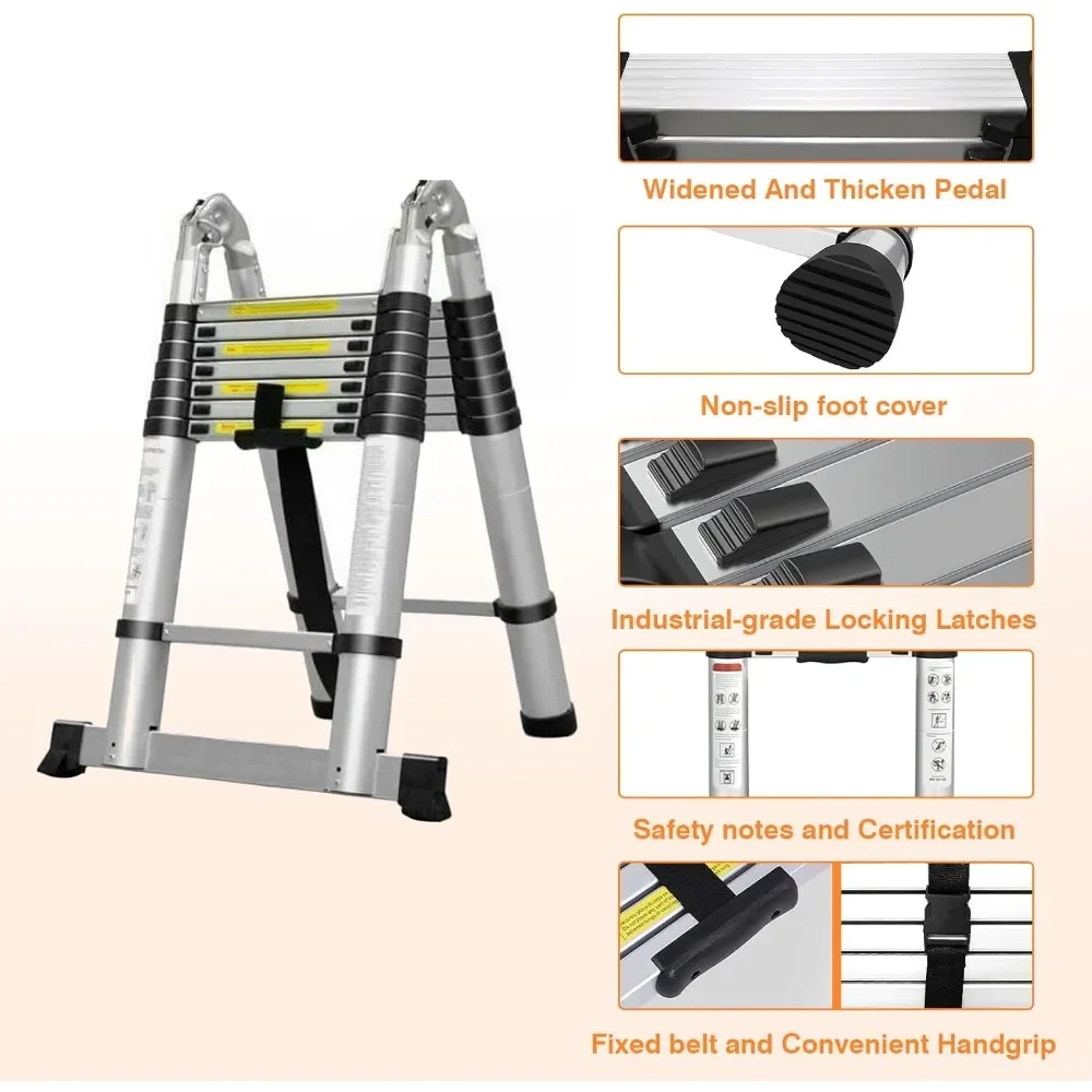 Telescoping Ladder 16 FT A Frame Aluminum Extension Ladder, Lightweight RV Ladder with Stabilizer Bar, Multi-Purpose Collapsible