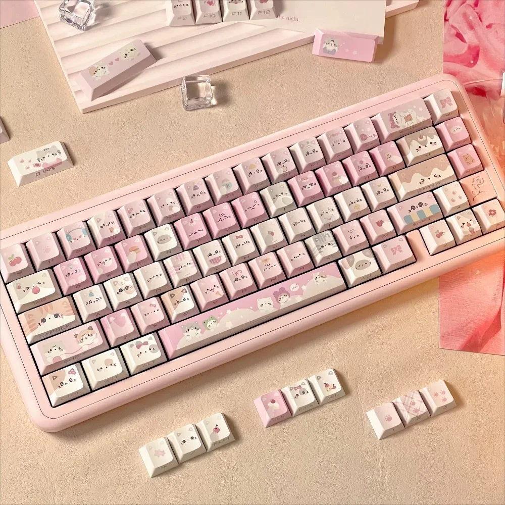 Meow Meow Pink KeycapsOriginal side-engraved translucent keycaps135pcs heat sublimation wooting