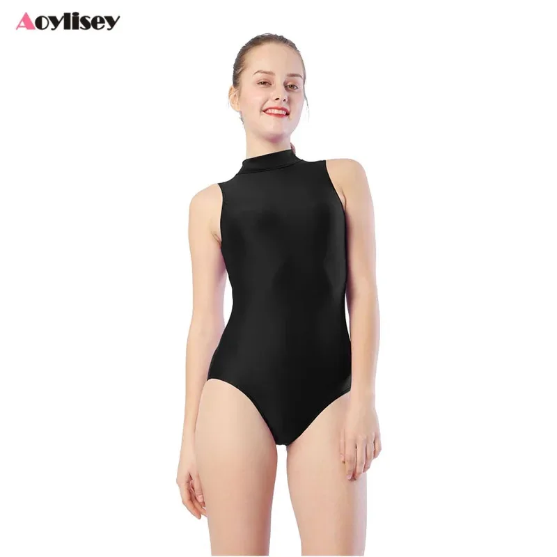 Baju Balet Tanpa Lengan untuk Dewasa, Leotard Leher Tinggi, Bodysuit Senam, Romper Ketat untuk Olahraga, Kostum Panggung Halloween