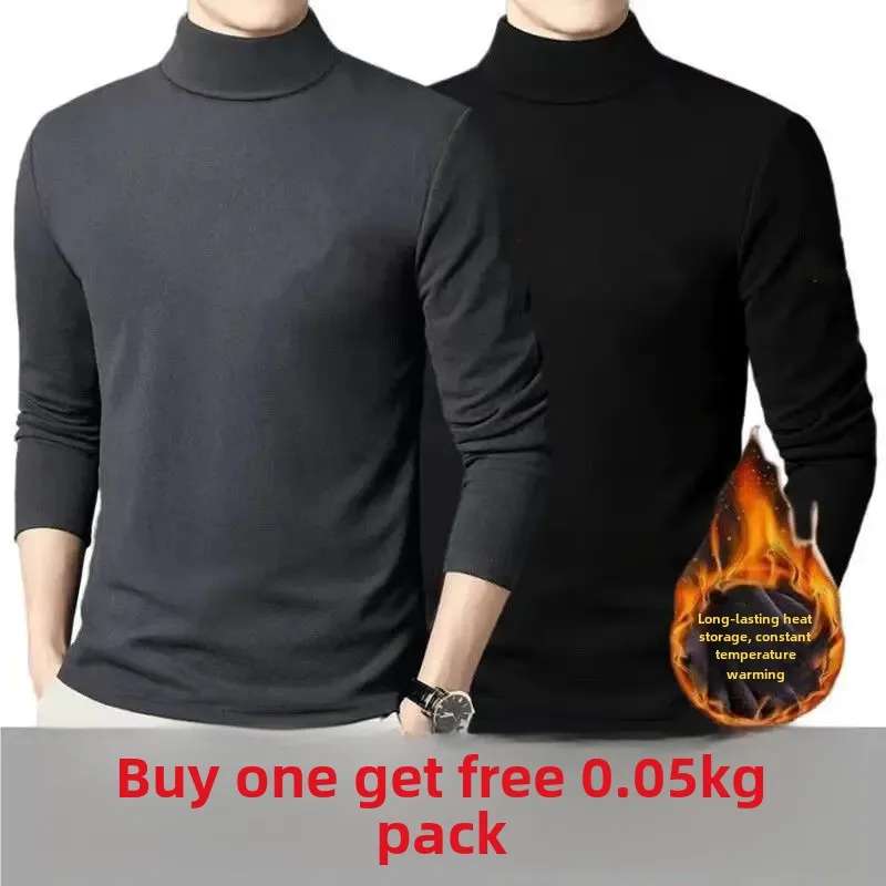 Thickened Inner Fleece-Lined Men's T-Shirt Long Sleeve Warm Base Layer Top Half Polo/Turtle Neck Solid Color T-Shirt Autumn