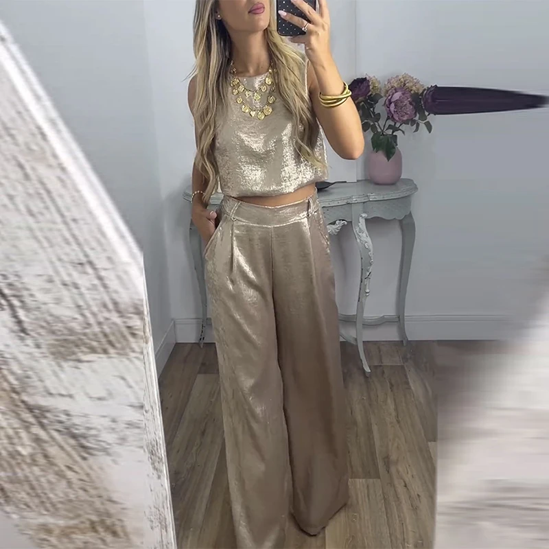 Fashion Solid High Waisted 2 Piece Set Elegant Lady Office Outfit Casual O Collar Sleeveless Vest Tops Matching Pocket Pants Set
