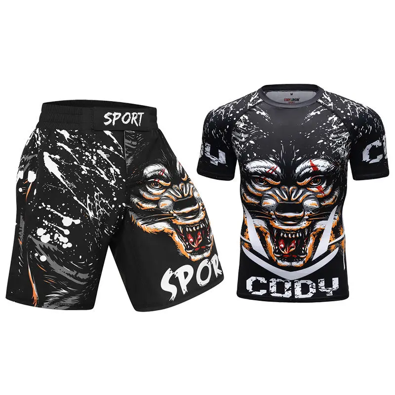 

Muay Thai Men MMA Kickboxing Sport Suit Men's MMA BJJ Rashguard T Shirts Shorts Rash Guard Fitness Tracksuit Boxing Jersey Set