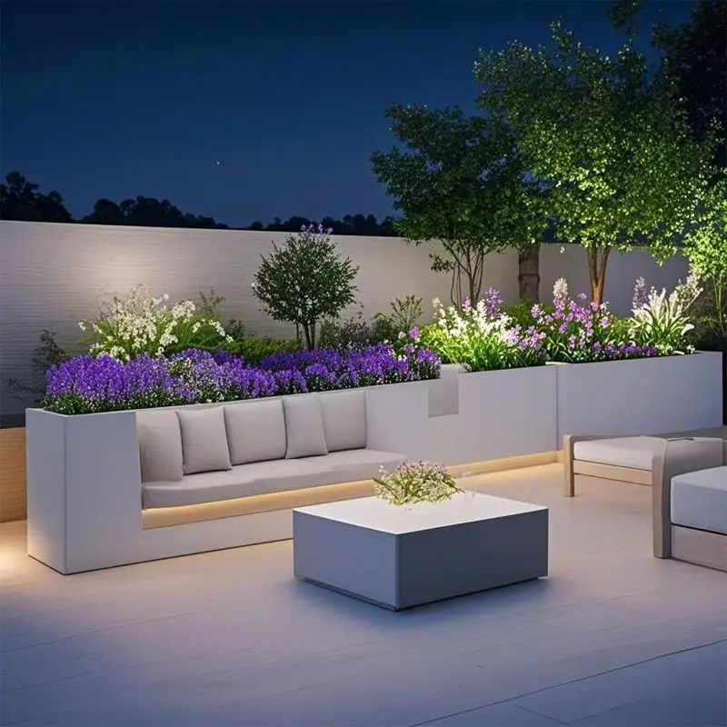 Outdoor courtyard finished flower box combinations, illuminated balcony landscape flower pots, rooftop outdoor garden, stainless