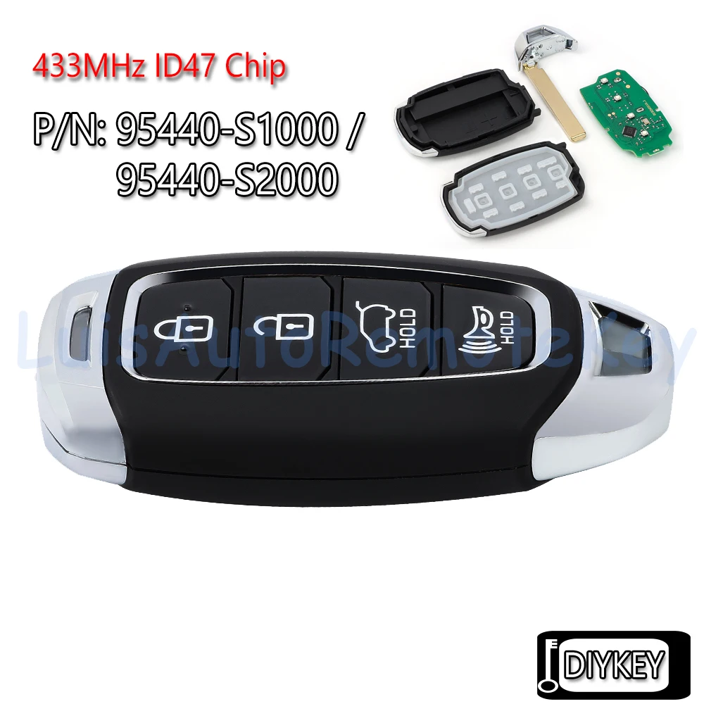4 Buttons Smart Remote Car Key Fob 433MHz ID47 Chip for Hyundai Santa Fe 2019 2020 95440-S1000, 95440-S2000 FCC ID: TQ8-FOB-4F19