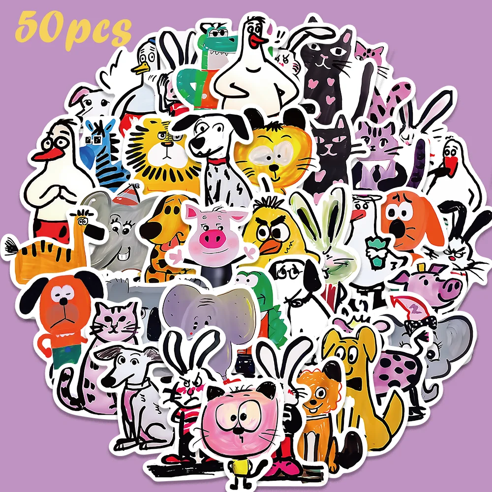 50pcs Funny Cartoon Animals Stickers for Stationery Phone Case Suitecase Scrapbook Computer Guitar Waterproof Line Drawing Decal