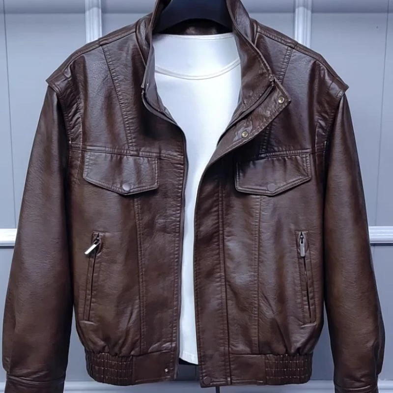 New Men PU Leather Jacket Spring Autumn Casual Fashion Slim Fit Biker Moto Coat Durable Streetwear