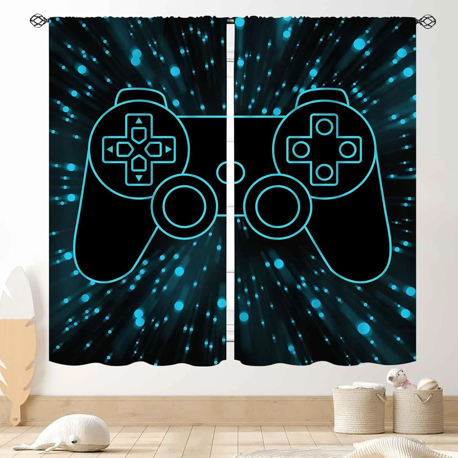 Gaming Curtains for Boys Room Kids Boys Teens Game Controller Video Gamer Gamepad Blue Blackout Window Drapery Treatments2Panels