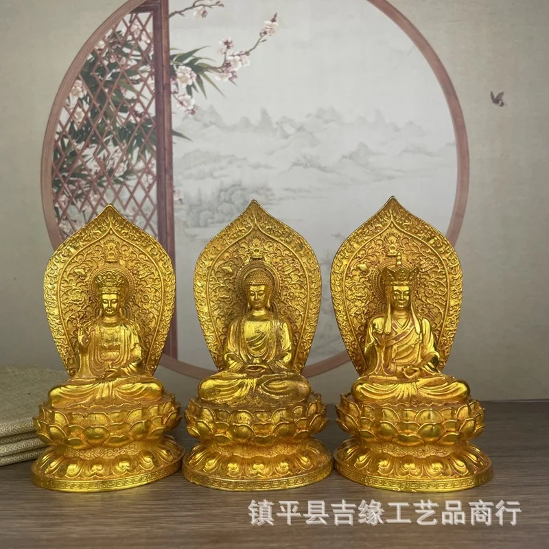 

Позолоченная статуя Будды Кsitigarbha и Шакьямуни в западном стиле «Три святых» в античном стиле, украшение для домашнего поклонения, ремесленное украшение