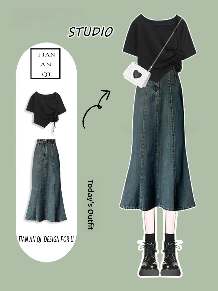 Été romantique Vintage ort Sve jupe en jean Dr femmes T-shirt deux pièces ensemble taille haute a-ligne Fi queue robe