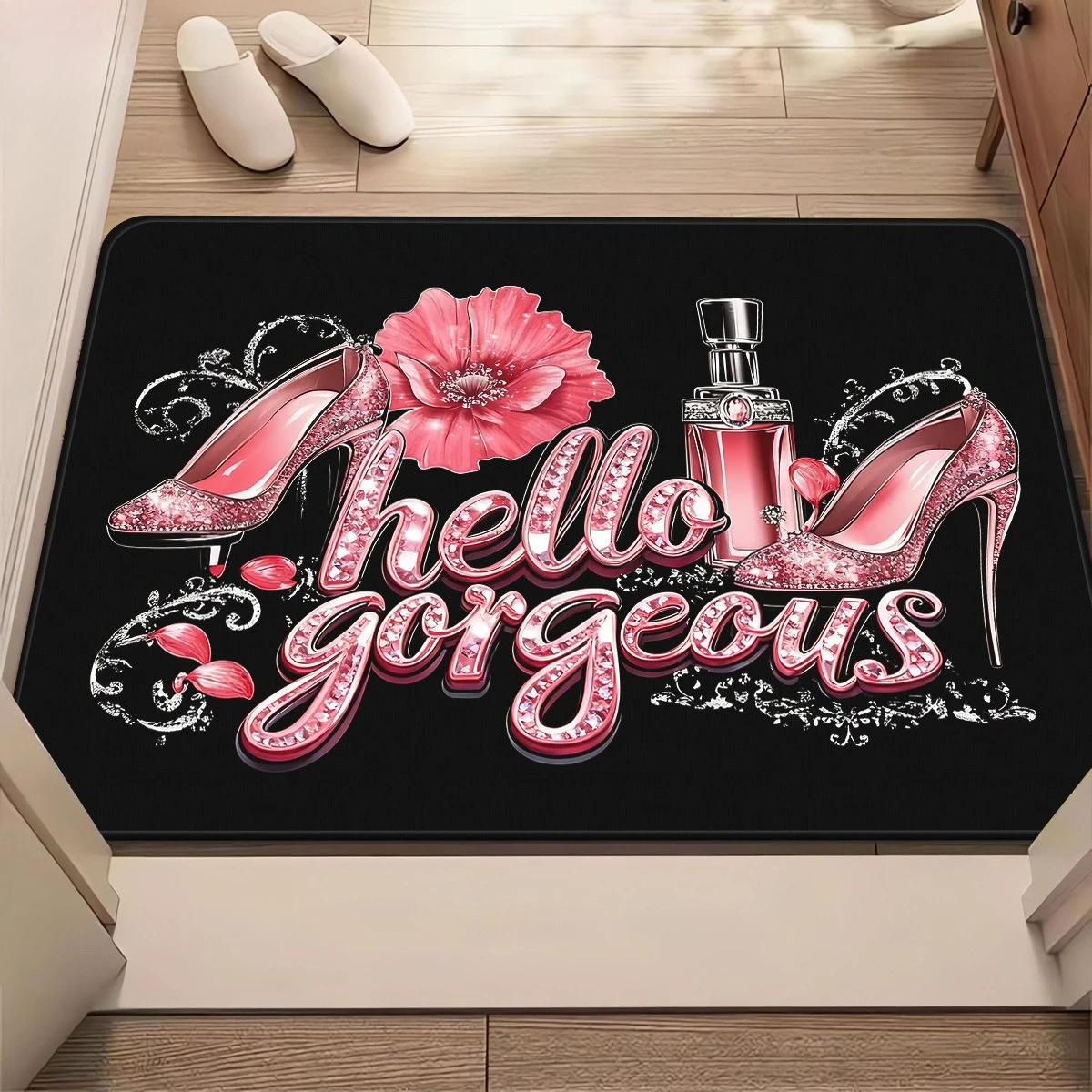 Glam Black Background Entry Mat  Sparkly Pink Stiletto Perfume Flower Hello Gorgeous Design Anti Slip Washable Bedroom Decor Rug