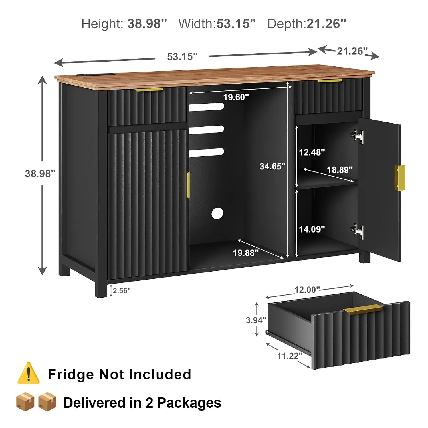Modern Fluted Coffee Bar Cabinet with Mini Fridge Space & Charging Station, Wine & Beverage Storage for Home, Customized