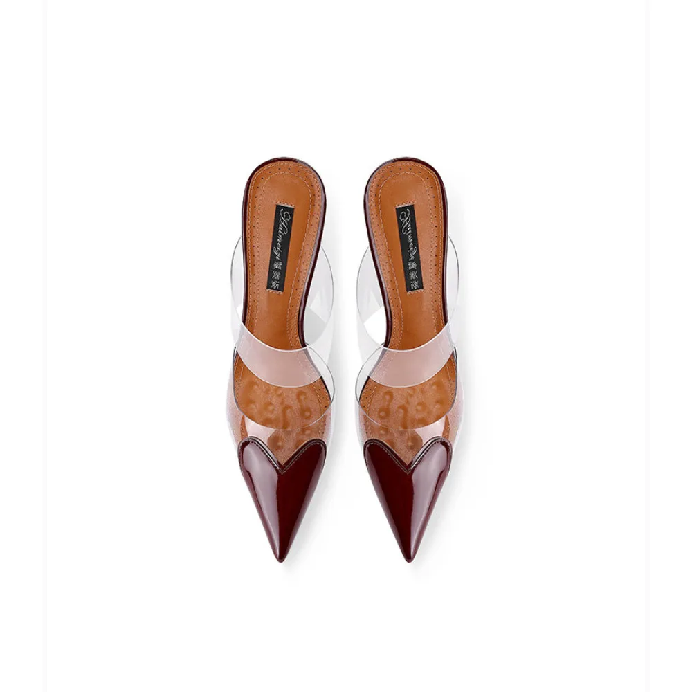 Women Spring Summer New Transparent Panel Pointed Toe Thin Heel Pumps Burgundy Closed Toe Fashion Elegant High Heels