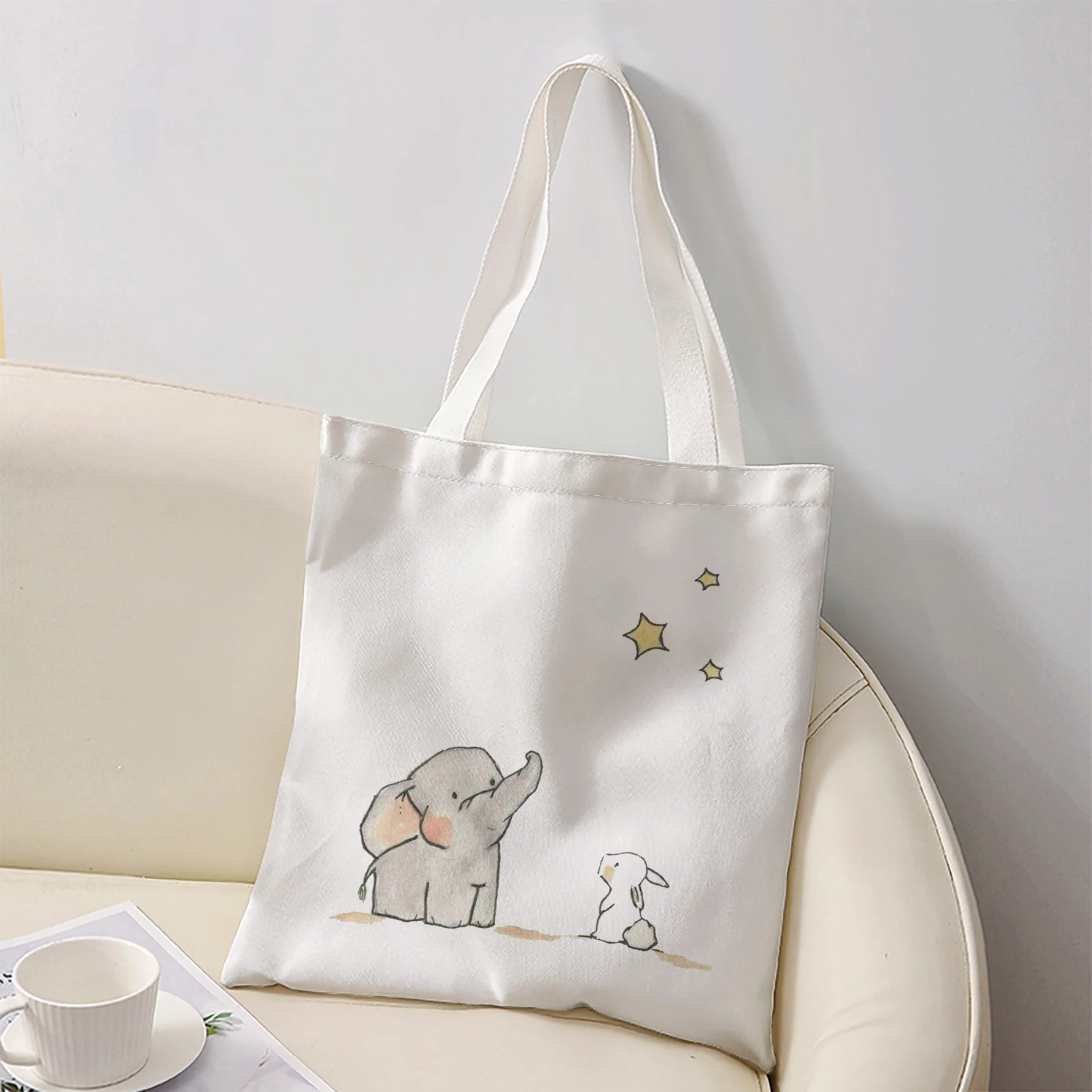 Cute Sketch Elephant Rabbit And Stars Print Tote Bag Large Shoulder Handbag For Shopping Daily Commute