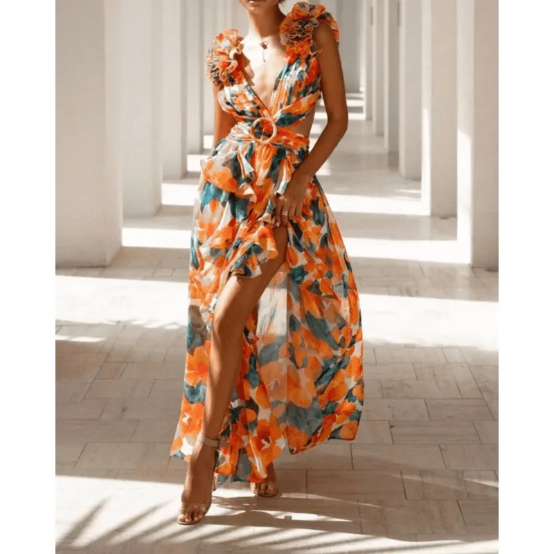 2025 Sexy Printing Deep V Neck Pleated Dress for Women Fashion Casua Lace-up Party Gowns Holiday Beach Backless Long Dresses New