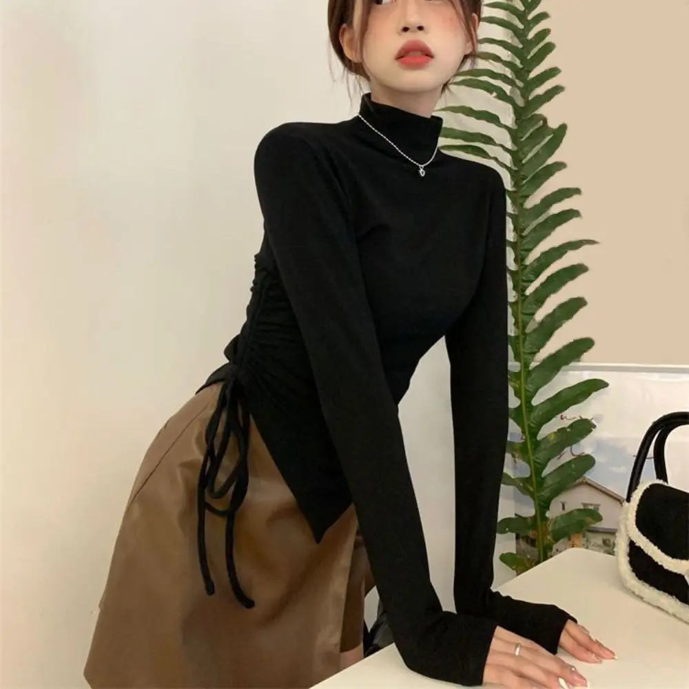 

Футболка с длинным рукавом и полувысоким воротником, простой нерегулярный тонкий пуловер на шнурке, нижняя рубашка, укороченный топ для женщин Y2k