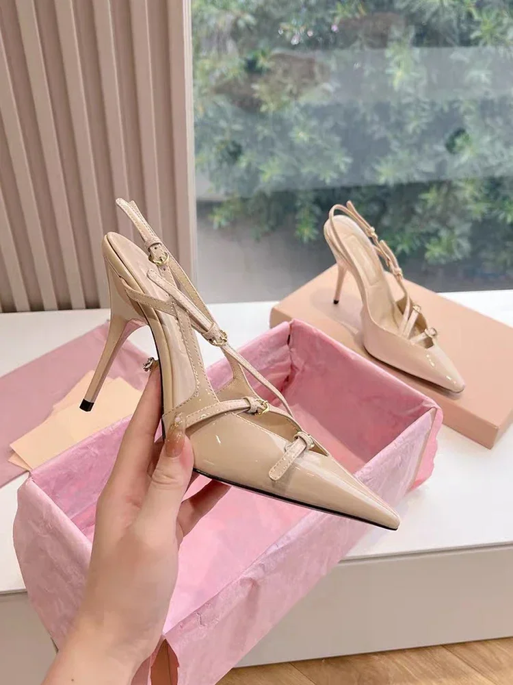 New pointed slim heel high-heeled shoes with women's patent leather shallow mouth sexy temperament back strap toe cap sandals