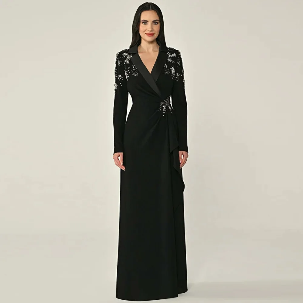 

Elegant Long Sleeves V-Neck Evening Dress Customized Beading Ruched Vestido De Noche Temperament Straight Jersey Celebrity Gowns