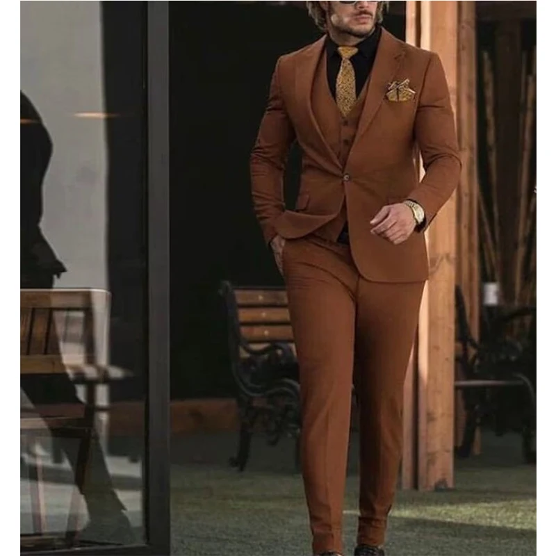 

Solid Color Slim Fit Men Suits Single Breasted Notch Lapel 3 Piece Jacket Pants Vest Male Clothing High Quality Costume Homme