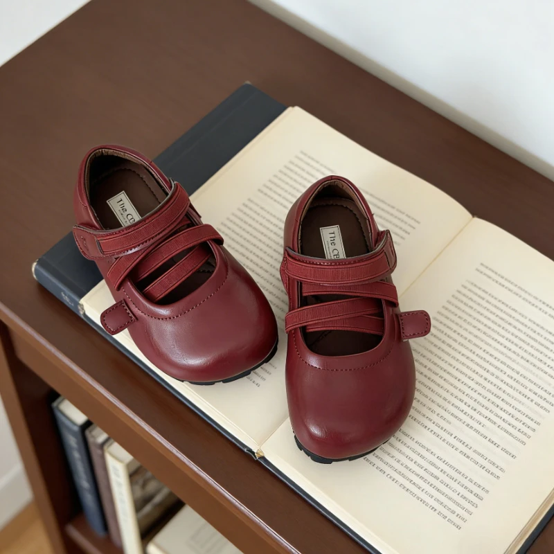 女の子用バレエシューズ-メリージェーンシューズ-春秋-レトロ-滑り止め-子供用革靴-シンプル-キッズ-カジュアル-フラットシューズ-滑り止めソール