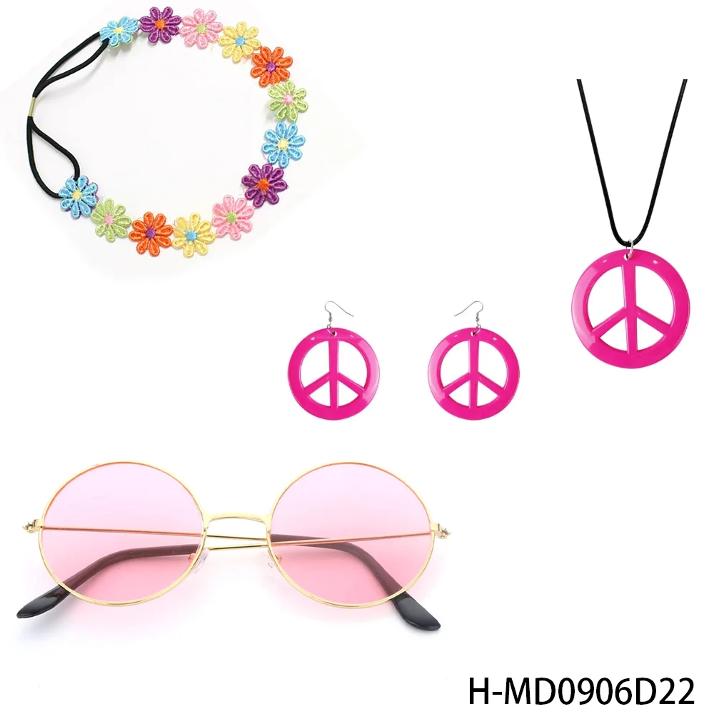 PESENAR 1960er Retro 3-teiliges Set: Blumenhalsband, Friedenszeichen-Schmuck und runde rosa Sonnenbrille für Mottopartys der 60er Jahre