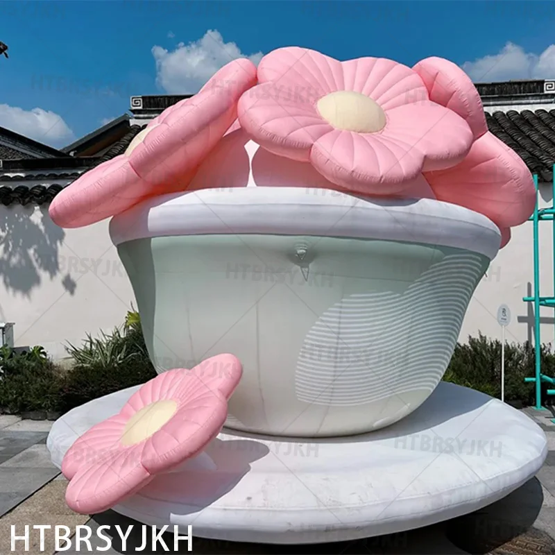 

Giant inflatable teacup flower with multiple flowers on top, white LED lights activity playground decoration advertisement