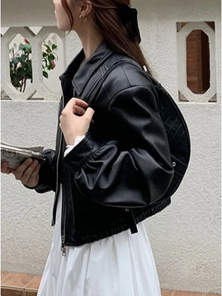 Jesienna Kurtka Skórzana Moto Biker na Zamek Retro Krótka Uniwersalna Kurtka Skórzana Płaszcz Skórzany Kurtka Damska