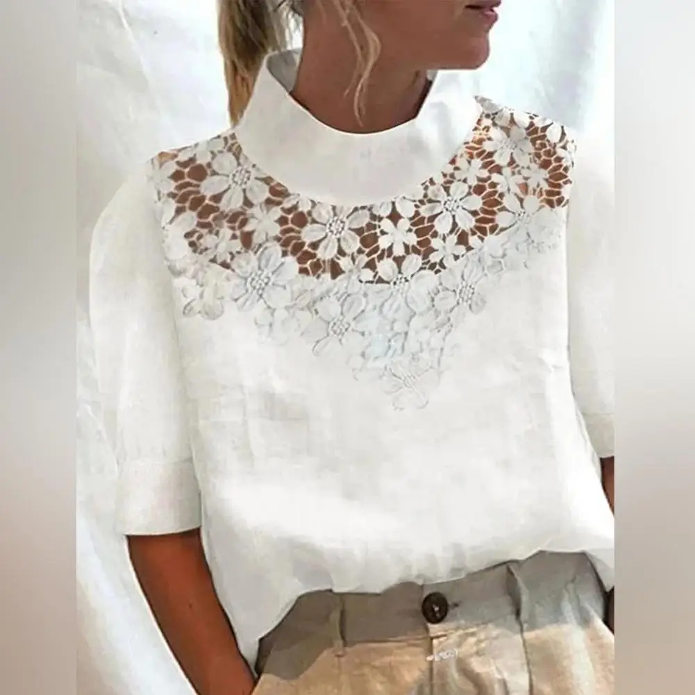 Vintage Spring Summer White Tops Mujer Casual Lace Patchwork Women Cotton Linen Blouses Chic Leisure Stand Collar Blouse Tunics