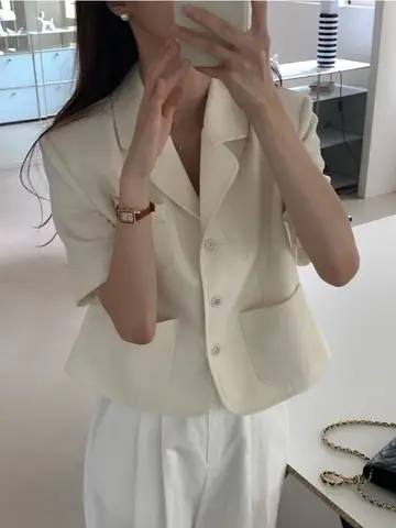 여성용 정장 재킷 여성용 여름 캐주얼 우아한 우아한 우아한 싱글 버튼 루즈핏 다양한 스타일 짧은 소매 여성용 두 개의 포켓 정장 재킷