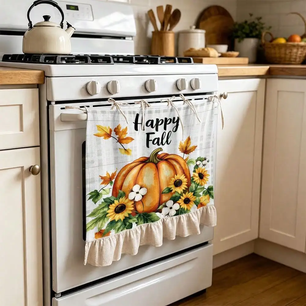 2D Happy Fall Pumpkin Sunflower Pattern Multifunctional Decorative Curtain, Suitable Kitchen Skirt Curtain, Oven Curtain, Washing, Dishwasher, Bathroom Window Decoration, And Kitchen, Halloween Kitchen Apron