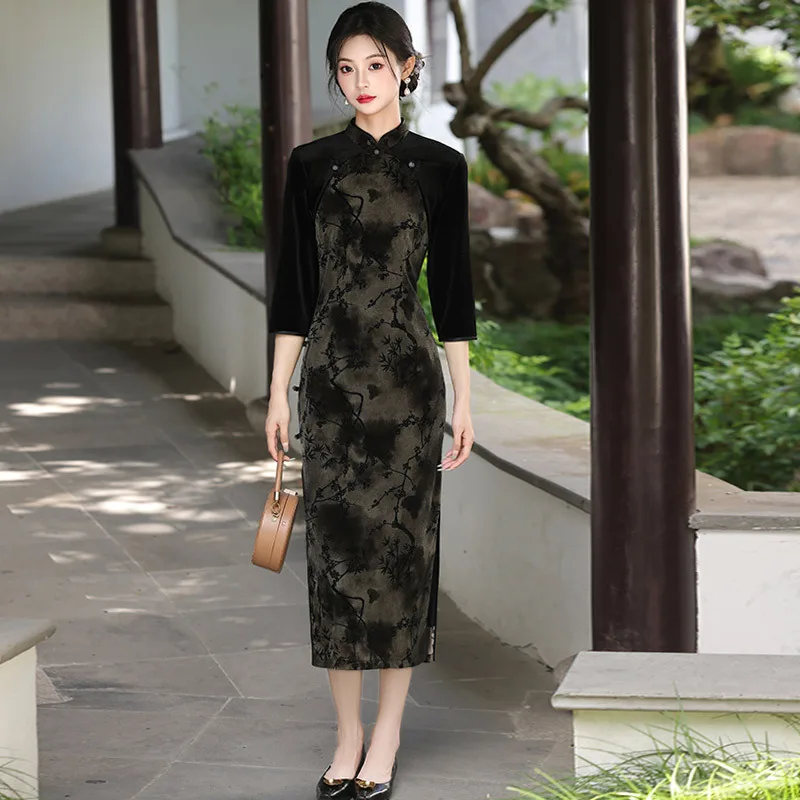 

Plus Size 3XL Cheongsam Chinese Traditional Mandarin Collar Dress Autumn New Chinese Style Improved Qipao Long Printed Vestidos