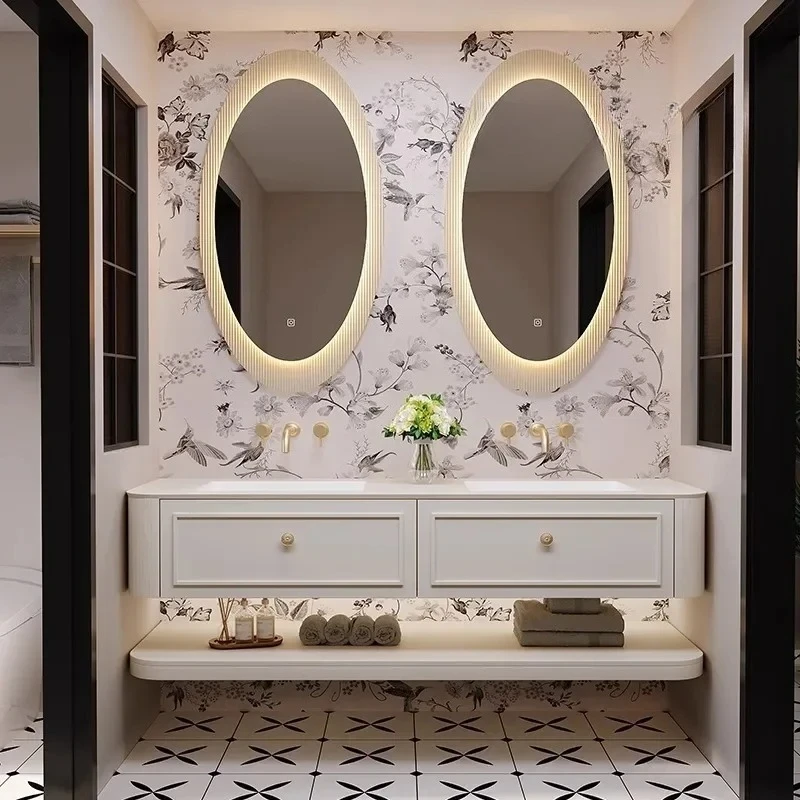 bathroom cabinet rock slab seamless integrated basin combination bathroom double basin washstand oak paint