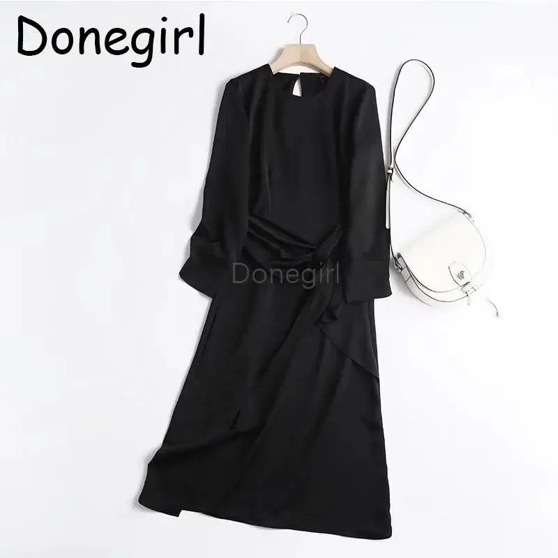 

Donegirl 2023 New Spring Summer Women Long Sleeve Round Neck Lacing Pleats Slit Dresses Solid Simple Casual Midi Dress Female