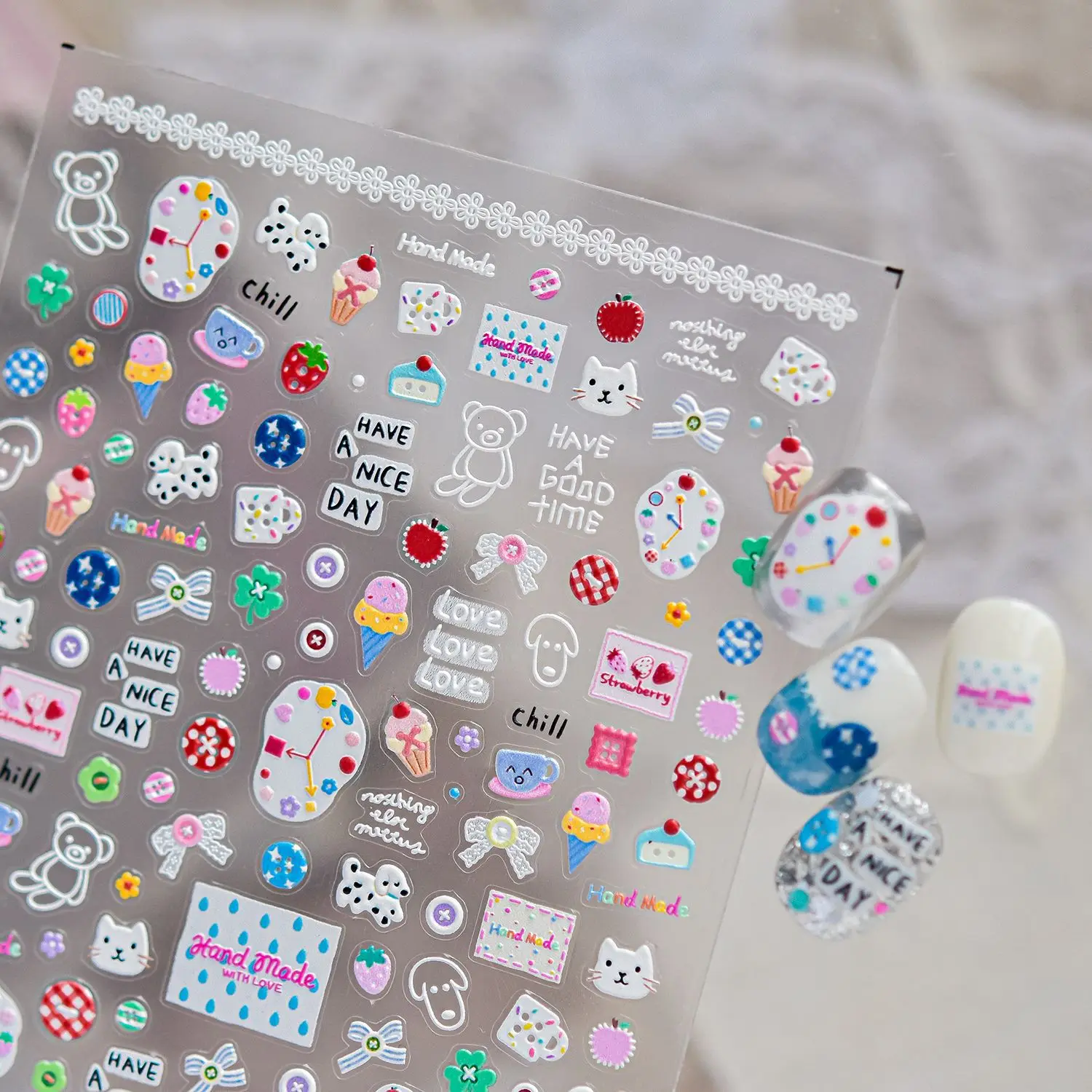 Cute Clock Strawberry Nail Sticker Black Cat Ice Cream Bear Pattern Nail Art Stickers Self Adhesive Nail Stickers DIY Decoration view 5
