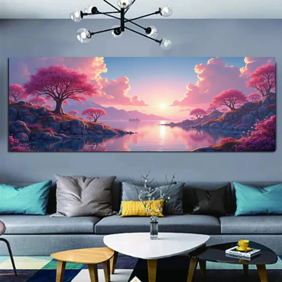 Sunset Lake Pink Trees Extra Large Big Size 5D Diamond Art Painting Landscape Full Square Round Drill Mosaic Embroidery Picture