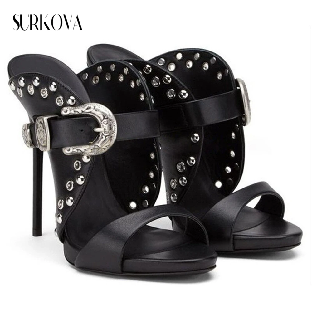 Studded Eyelet Black Stilettos Women's Sexy Super High Heel Sandals and Slippers Metal Buckle Punk Style Fashion Women's Shoes