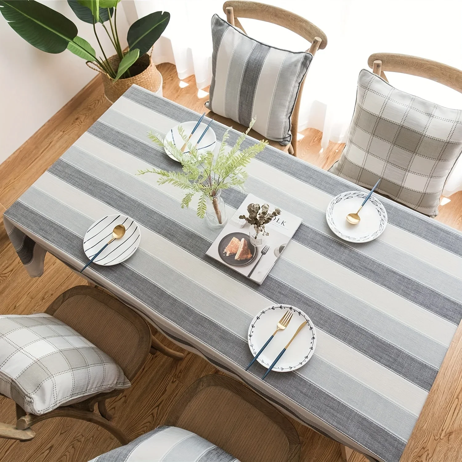 One striped three-color square tablecloth for kitchen and dining table decoration. Gray color.xzj