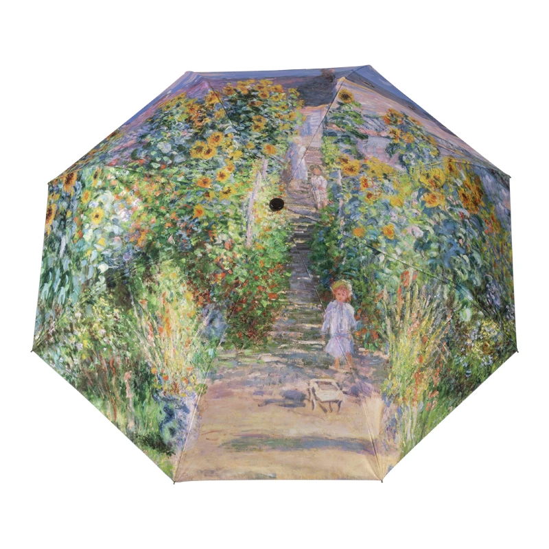 Automatic three fold umbrella, rain and wind resistant, travel sunshade, rain and shine dual purpose Monet