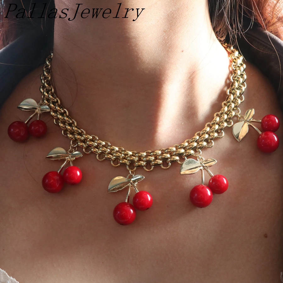 3Pcs New arrival statement necklace for fashion women red cherry necklaces for party Giftold unique Thick chain necklace Gift