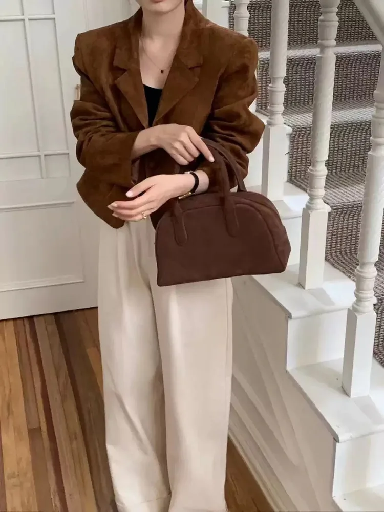

Retro Suede Short Suit Jacket Women's Fashionable Collared Versatile Winter Outerwear Commute Work Appropriate Regular Fit