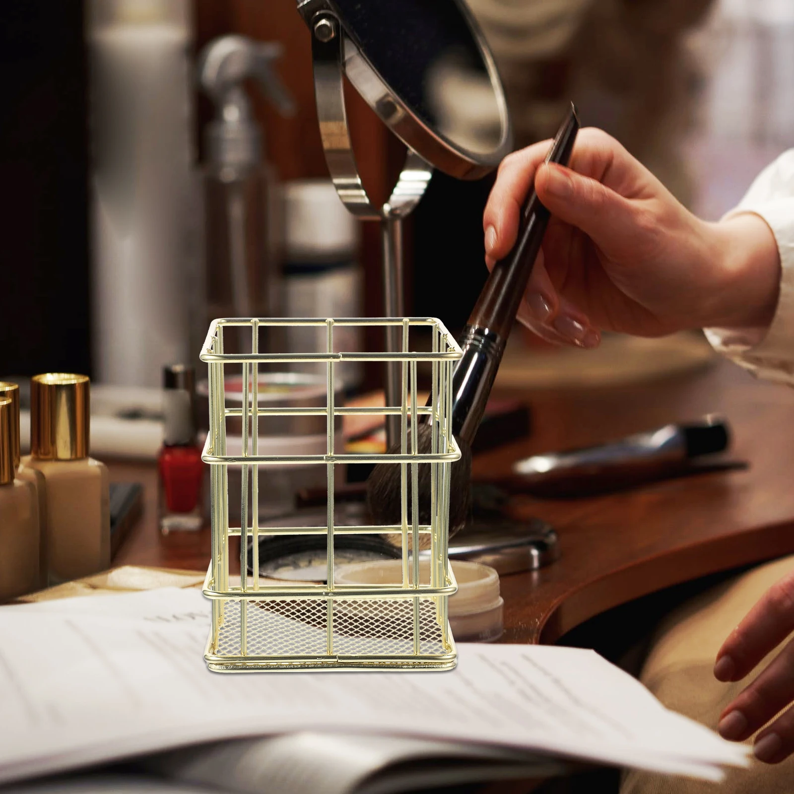 

Wrought Iron Pen Holder Storage Tube 4 Sided Metal Stand Pencil Cup Makeup Brush Organizer Stationery Desk Accessory