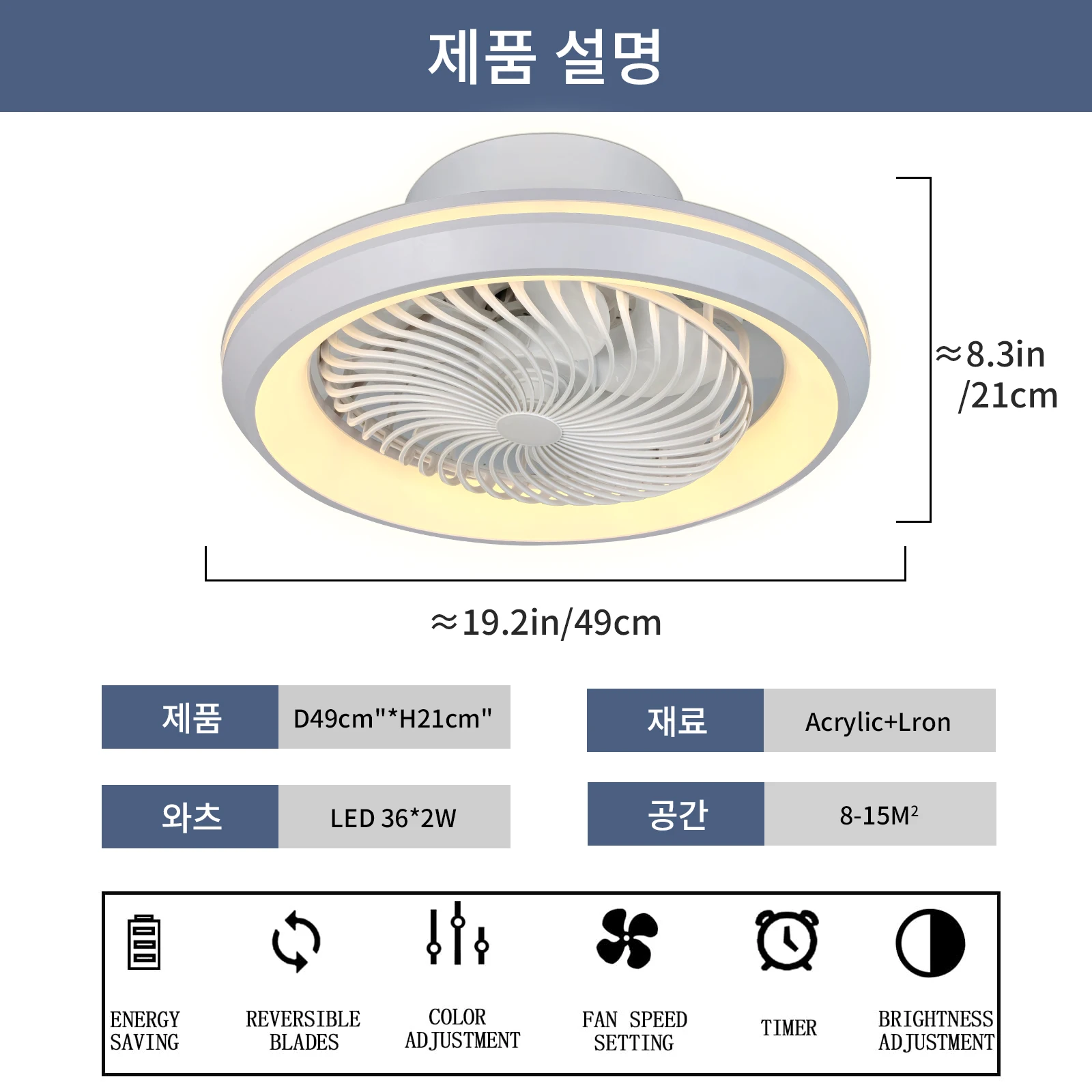 6-Speed Enclosed Circular Fan Light with Remote Control, Bedroom Fan Light, Living Room Bedroom Dining Room Ceiling Light