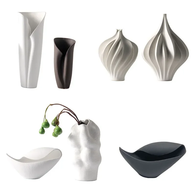 Modern simple spiral pattern ceramic vase special-shaped curling flower ware sales office living room decoration