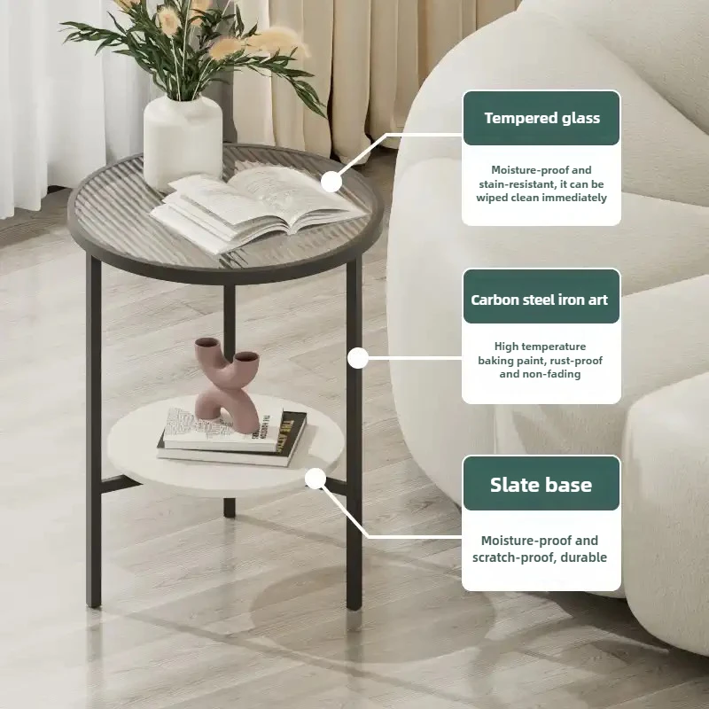 Luxury Double-Layer Side Tables  Round Glass & Slate Coffee Table  Scratch-Resistant Nordic Mobile Accent Table Small Tea teapoy