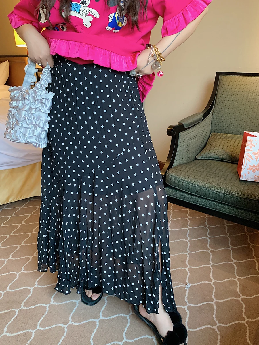 

Dazi Polka Dot Asymmetrical Hemline Women's Skirt Summer 2025 High Waist Long A-Line Midi Skirt plus Size Conceals Belly