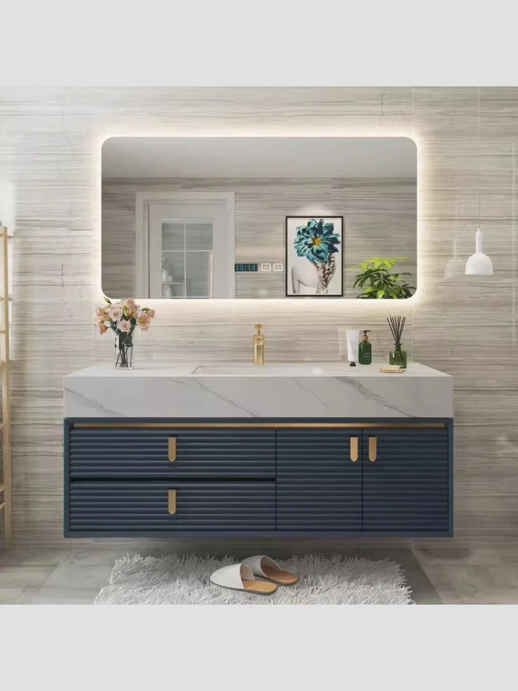 

Минималистичный современный шкаф для ванной из массива дуба с интеллектуальной комбинацией тумбы и раковины.