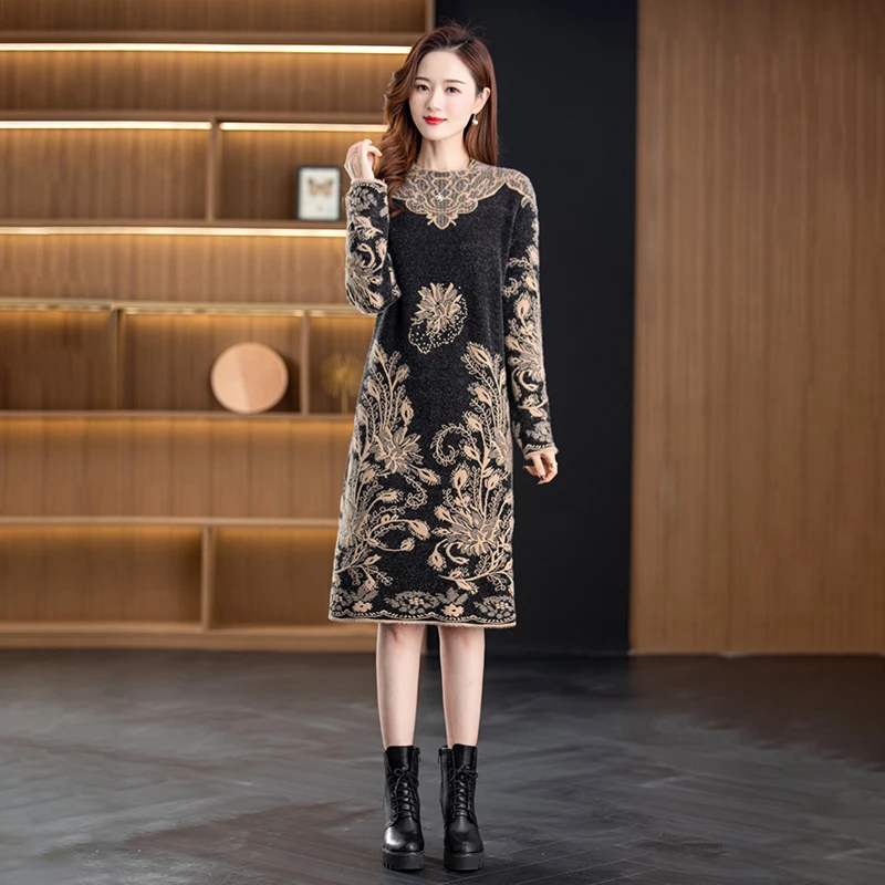 

2023 New Fashion Mink Fleece Dress Women's Autumn and Winter Vintage Half High Neck Loose Fit Casual Warm Dress Vestidos