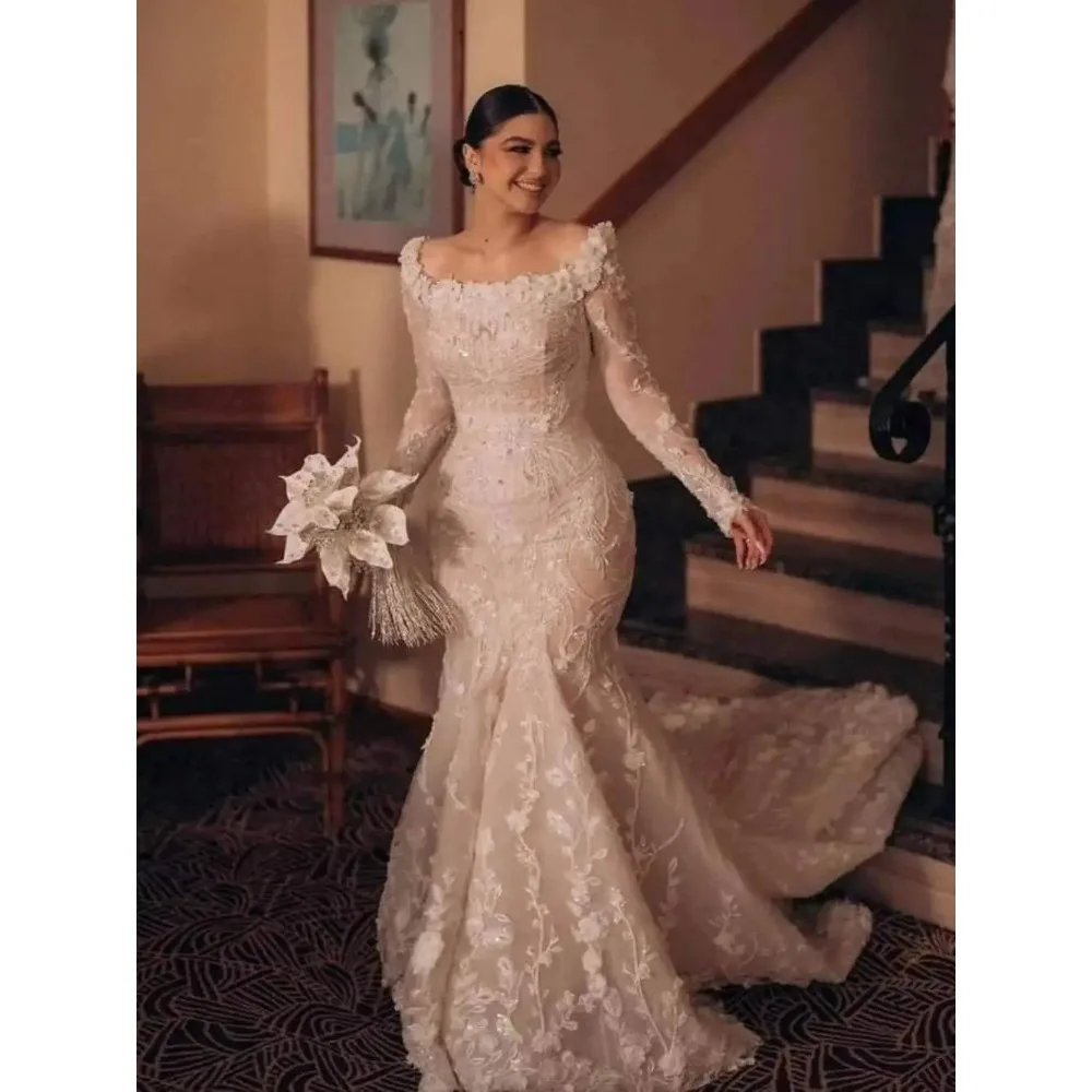 Luxury Beaded Embroidery Mermaid Wedding Dress Elegant Long Sleeves Romantic Customized Appliques Shiny Stylish Bridal Gown