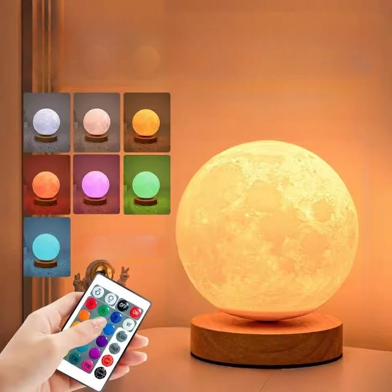 16 Colors 3D Moon Table Lamp 360° Rotating Lunar LED Night Light for Home Room Decor Touch Control Rechargeable Desktop Lamp