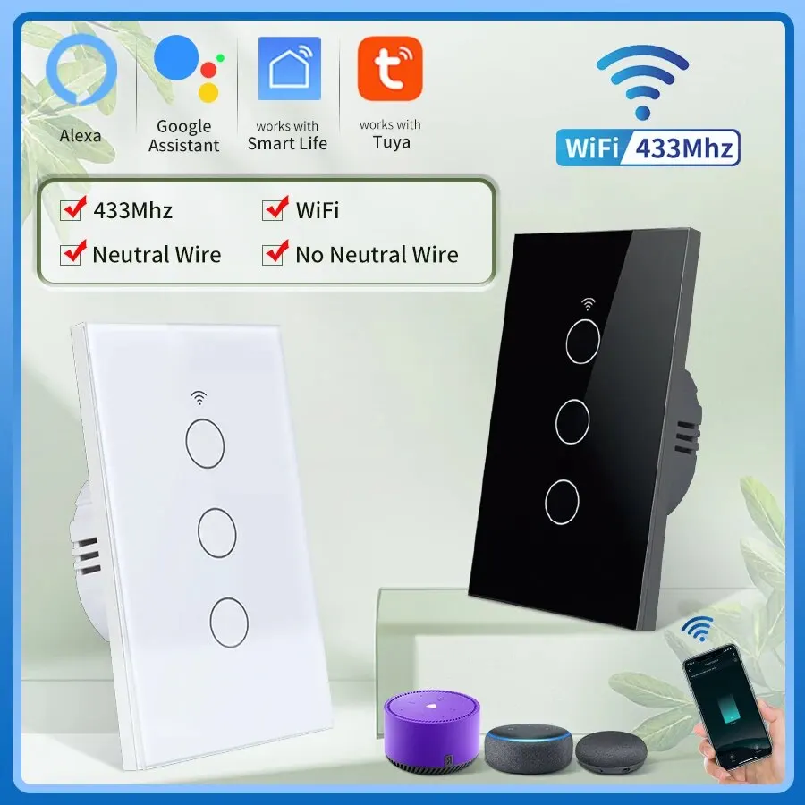 Tuya WiFi Smart Light Switch Neutral Wire/No Neutral Wire Required Wall Touch Switch 1/2/3 Gang Switch For Alexa Google Home